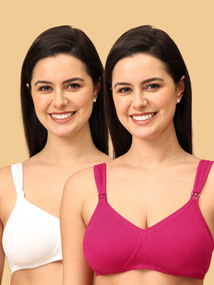 Two models wearing white and fuchsia coloured Non-padded nursing and feeding bra from the Mom Store.