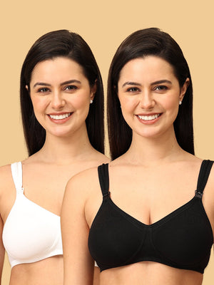 Two models wearing black and white coloured Non-padded nursing and feeding bra from the Mom Store.