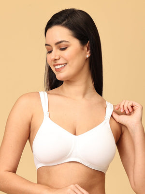 Model showing the bra strap of white coloured non-padded nursing and feeding bra from the mom store