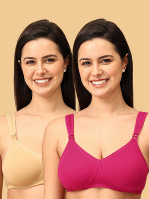 Two models wearing Fuchsia and beige coloured Non-padded nursing and feeding bra from the Mom Store.