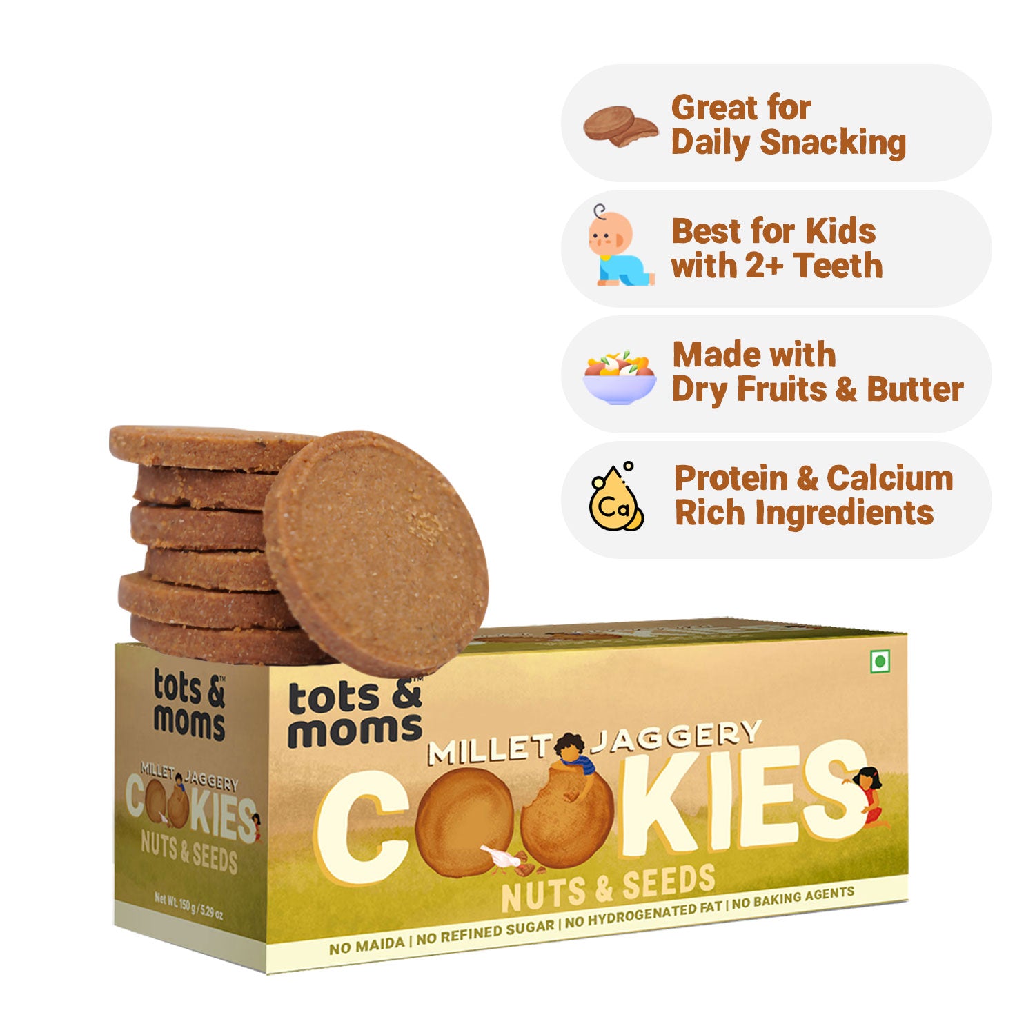 Tots & Moms Millet & Jaggery Cookies - Nuts & Seeds | 150g