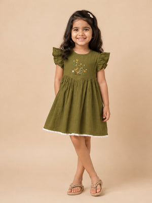 Olive Amara Girls Embroidered Dress - Olive Kids Casual Wear