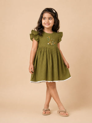 Olive Amara Girls Embroidered Dress - Olive Kids Casual Wear