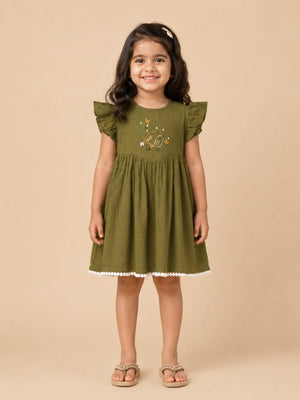 Olive Amara Girls Embroidered Dress - Olive Kids Casual Wear