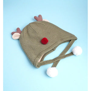 Olive Baby Antler Knitted soft Woolen Winter Cap with tie up, 6 - 18 months - 6 - 18 Months Winter Wear