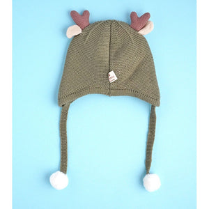 Olive Baby Antler Knitted soft Woolen Winter Cap with tie up, 6 - 18 months - 6 - 18 Months Winter Wear