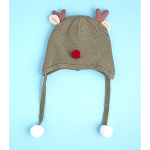 Olive Baby Antler Knitted soft Woolen Winter Cap with tie up, 6 - 18 months - 6 - 18 Months Winter Wear