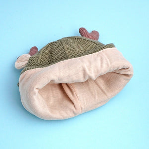 Olive Baby Antler Knitted soft Woolen Winter Cap with tie up, 6 - 18 months - 6 - 18 Months Winter Wear