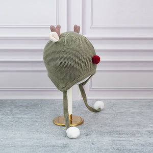 Olive Baby Antler Knitted soft Woolen Winter Cap with tie up, 6 - 18 months - 6 - 18 Months Winter Wear