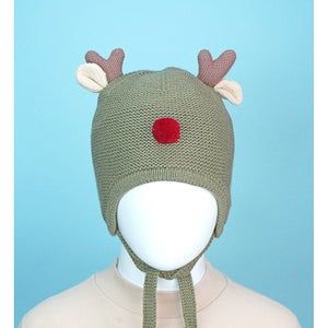 Olive Baby Antler Knitted soft Woolen Winter Cap with tie up, 6 - 18 months - 6 - 18 Months Winter Wear