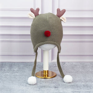 Olive Baby Antler Knitted soft Woolen Winter Cap with tie up, 6 - 18 months - 6 - 18 Months Winter Wear
