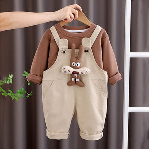 Olive Brown 3D Animal Dungaree with Brown T-shirt, 2 Pcs Clothing Set For Toddlers And Kids - 1 - 2 Years Kids Clothing