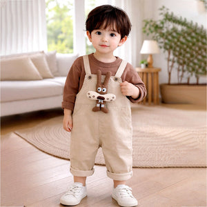 Olive Brown 3D Animal Dungaree with Brown T-shirt, 2 Pcs Clothing Set For Toddlers And Kids - 1 - 2 Years Kids Clothing