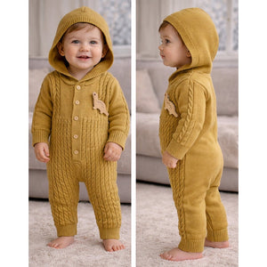 Olive Dino Full Sleeves Jumpsuit Hoodie Winter Romper for Tiny Toddlers - 3 - 6 Months Winter Wear