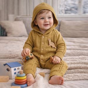 Olive Dino Full Sleeves Jumpsuit Hoodie Winter Romper for Tiny Toddlers - 3 - 6 Months Winter Wear