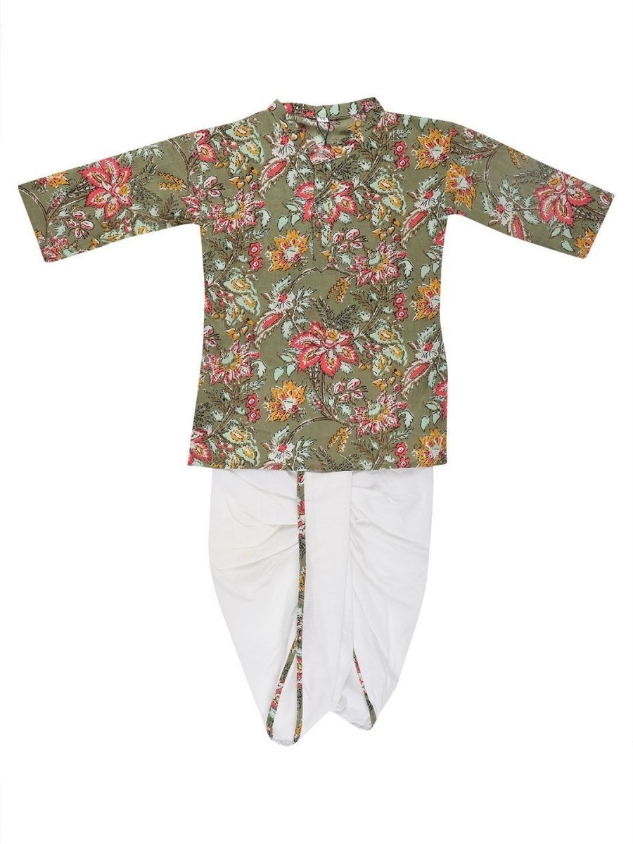 Olive Floral Boys Dhoti Kurta Set - DK-OMFLR-0-6