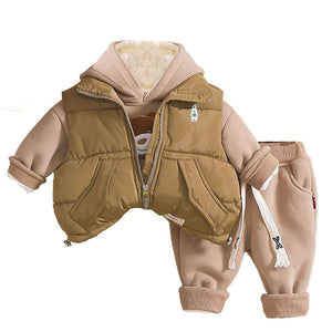 Olive Green Brown Puffer Jacket And Matching Track Suit 3 Pcs Winterwear Set For Toddlers And Kids - 5 - 6 Years Kids Clothing