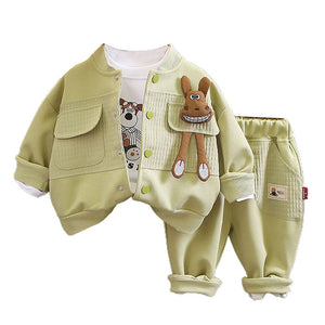Olive Green Smiling Doggy Face Designed Jacket 3Pcs Track Suit Set For Toddlers And Kids - 2 - 3 Years Kids Clothing