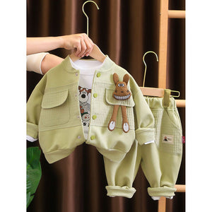 Olive Green Smiling Doggy Face Designed Jacket 3Pcs Track Suit Set For Toddlers And Kids - 2 - 3 Years Kids Clothing