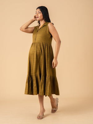 Olive-Moss Maternity and Nursing Dress - S Maternity Casual Dress