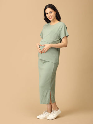 Model posing sideways wearing olive the trend ribbed maternity and nursing Co-ord set from the mom store