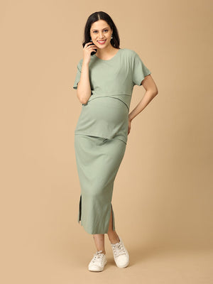 Model wearing olive the trend ribbed maternity and nursing Co-ord set from the mom store