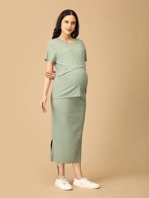 Model posing sideways wearing olive the trend ribbed maternity and nursing Co-ord set from the mom store