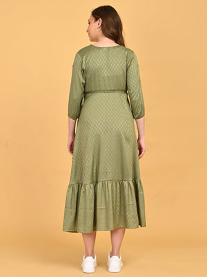 Olivious Maternity Wrap Dress back view showing relaxed fit, waist tie at back, and midi-length ruffle hem.