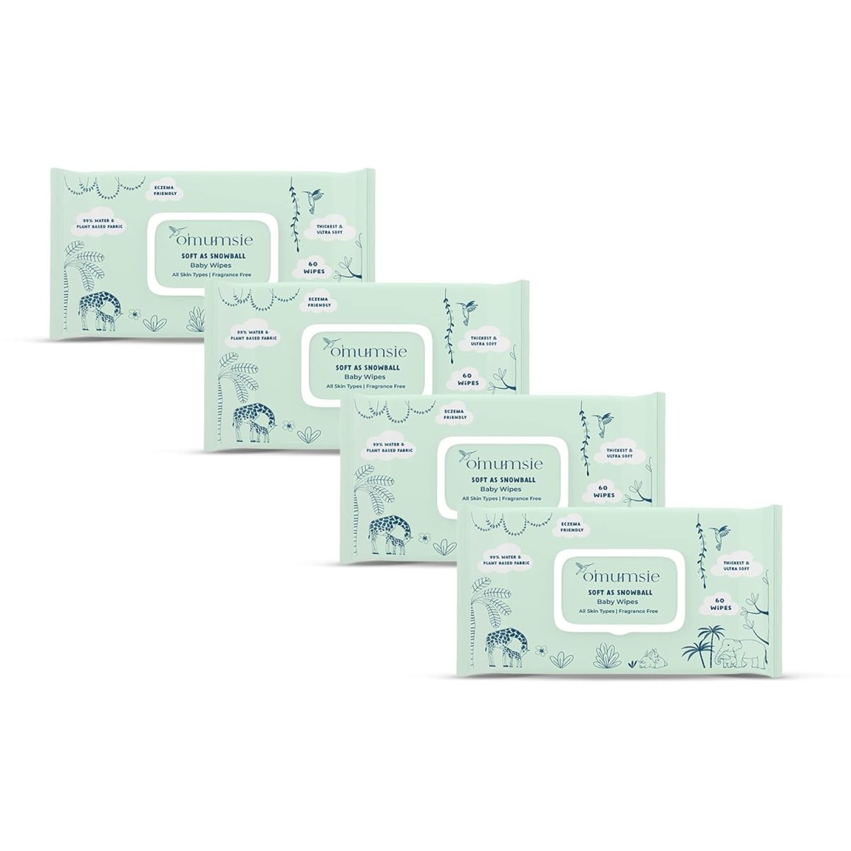 Omumsie 99% Pure Water (Unscented)Thickest Plant Based Baby Wipes Pack of 4 - OM21A