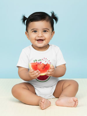 Baby girl eating a melon while wearing One in a Melon Preemie Newborn Onesie
