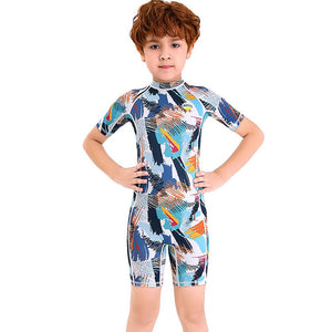 One piece Knee Length Kids Swimwear Geometric print, UPF 50+ with Cap with Free Washbag - 3 - 4 Years Swim