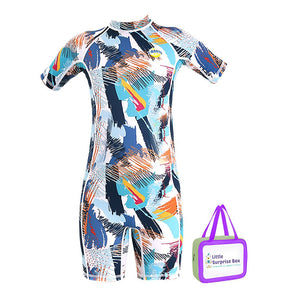 One piece Knee Length Kids Swimwear Geometric print, UPF 50+ with Cap with Free Washbag - 3 - 4 Years Swim