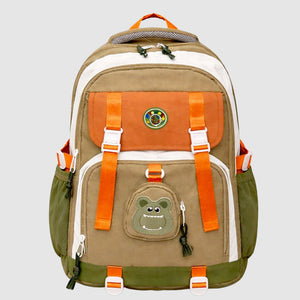 Orange, Brown & Green Color - Block with Character Pouch School Backpack for Kids - Back To School