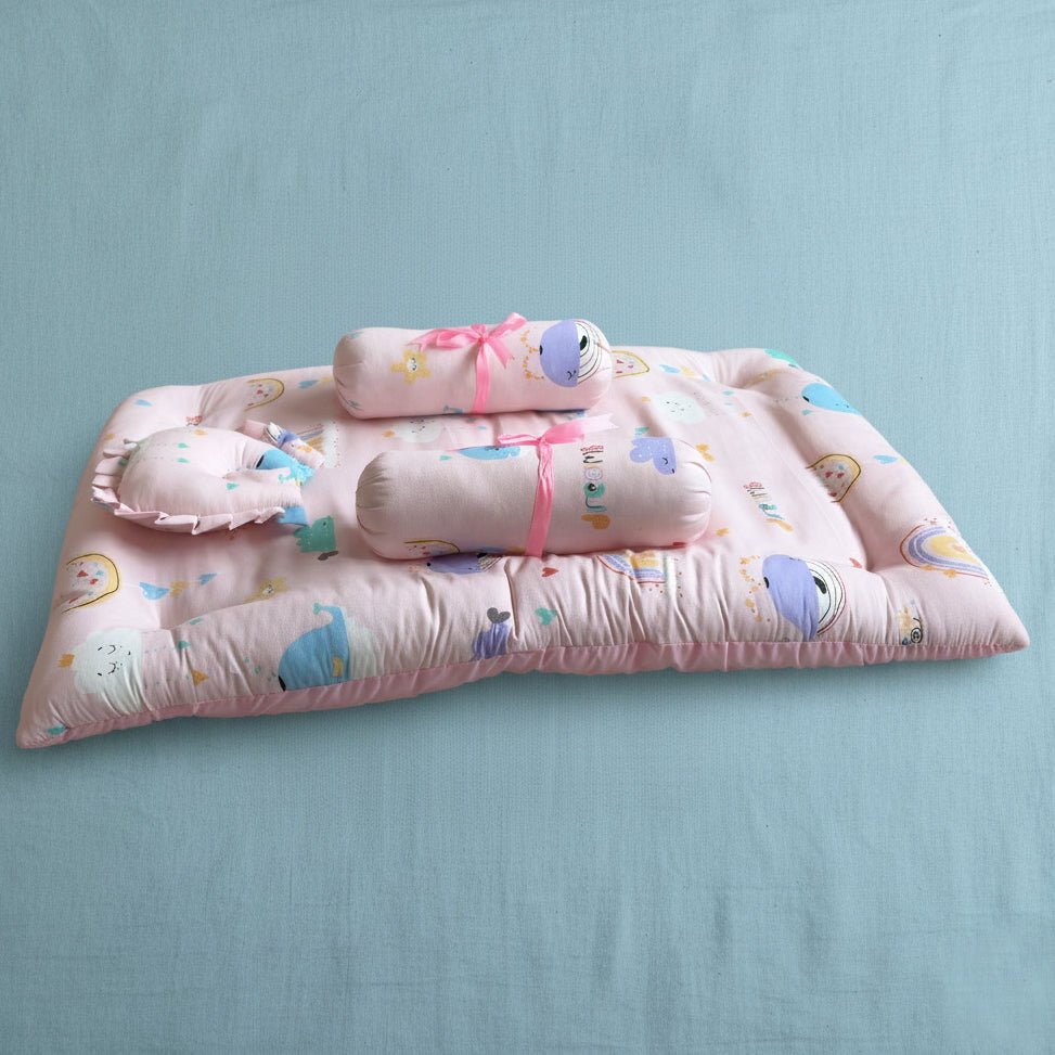 Oranges & Lemons | Cotton Baby Bedding Set | Gadda Set | Neck Pillow, Bolsters & Mattress | Pink - Baby Nest Combo