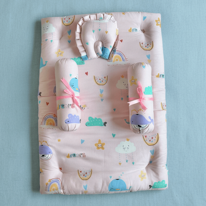 Oranges & Lemons | Cotton Baby Bedding Set | Gadda Set | Neck Pillow, Bolsters & Mattress | Pink - Baby Nest Combo