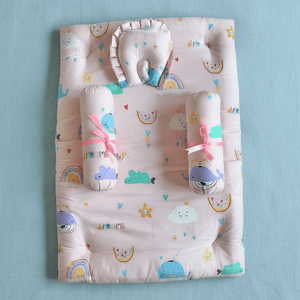 Oranges & Lemons | Cotton Baby Bedding Set | Gadda Set | Neck Pillow, Bolsters & Mattress | Pink - Baby Nest Combo
