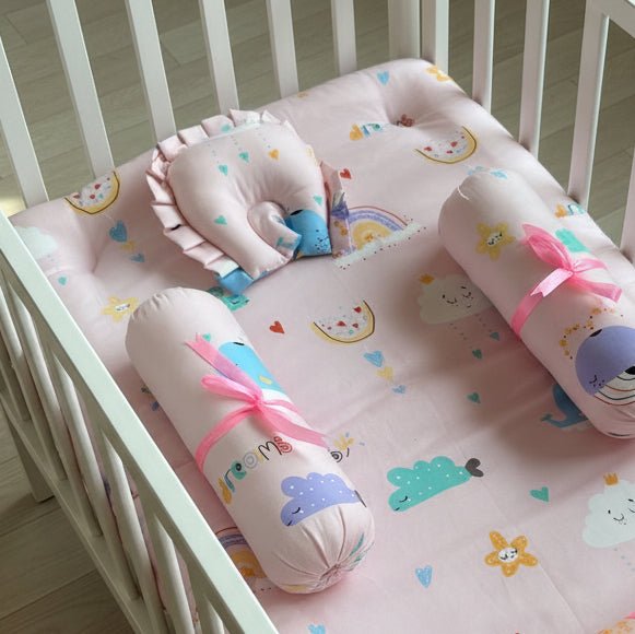 Oranges & Lemons | Cotton Baby Bedding Set | Gadda Set | Neck Pillow, Bolsters & Mattress | Pink - Baby Nest Combo