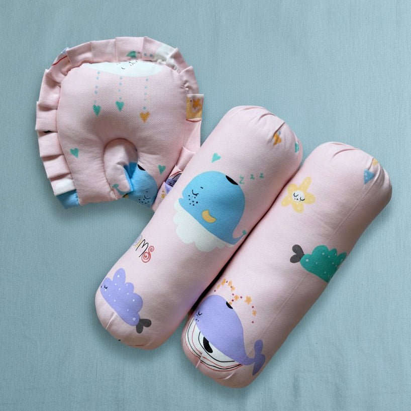 Oranges & Lemons | Cotton Baby Bedding Set | Gadda Set | Neck Pillow, Bolsters & Mattress | Pink - Baby Nest Combo