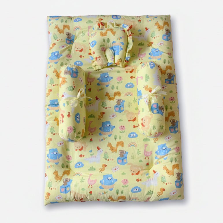Oranges & Lemons | Cotton Baby Bedding Set | Gadda Set | Neck Pillow, Bolsters & Mattress - Yellow - Baby Bedding Set