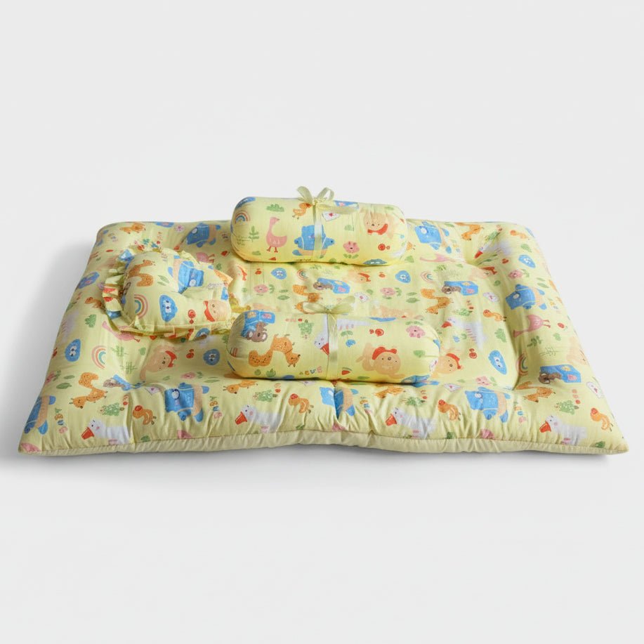 Oranges & Lemons | Cotton Baby Bedding Set | Gadda Set | Neck Pillow, Bolsters & Mattress - Yellow - Baby Bedding Set