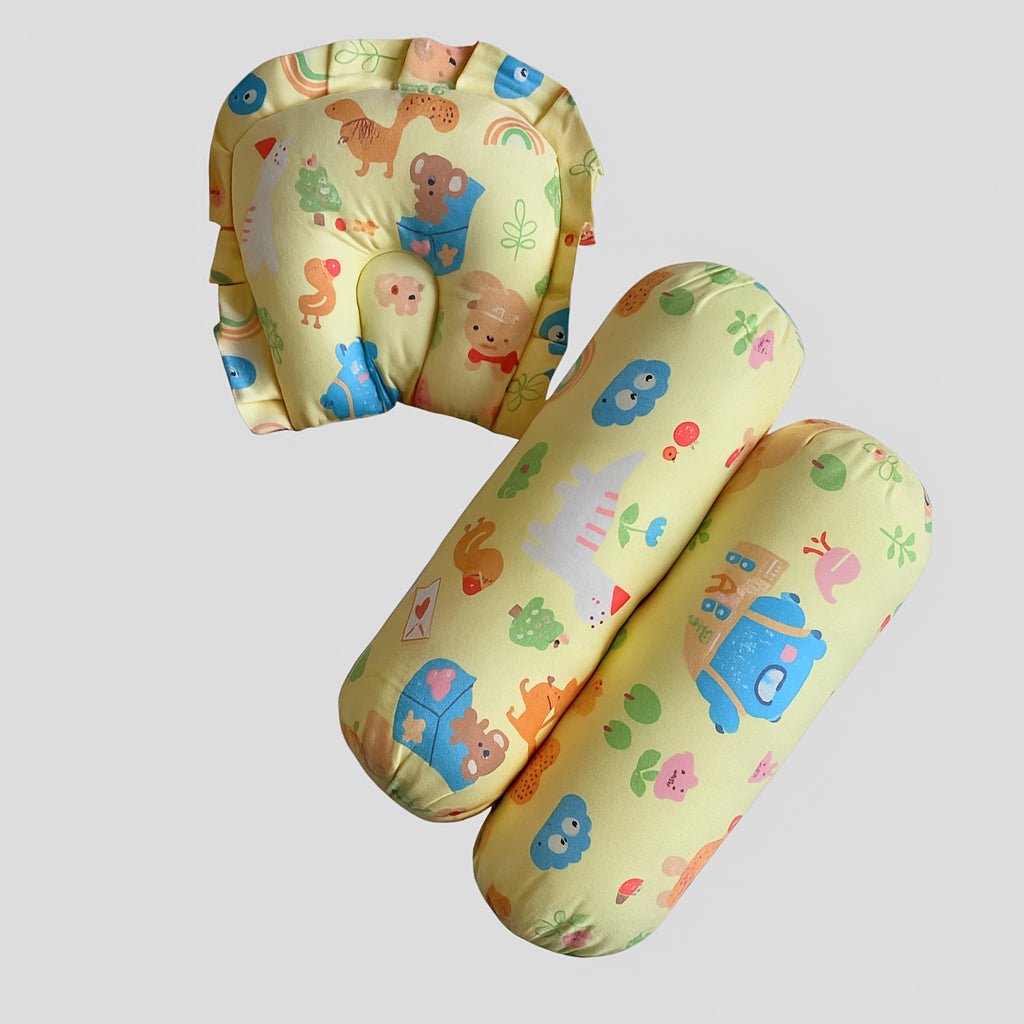 Oranges & Lemons | Cotton Baby Bedding Set | Gadda Set | Neck Pillow, Bolsters & Mattress - Yellow - Baby Bedding Set