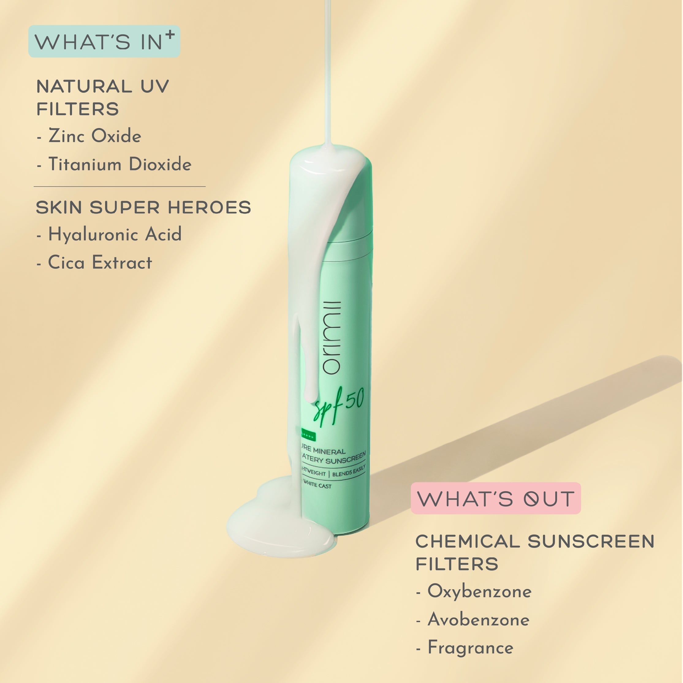 Orimii 100% Pure Mineral Sunscreen SPF 50 with Watery Texture, Zero White Cast - Pregnancy Safe 50ml - OR000023050