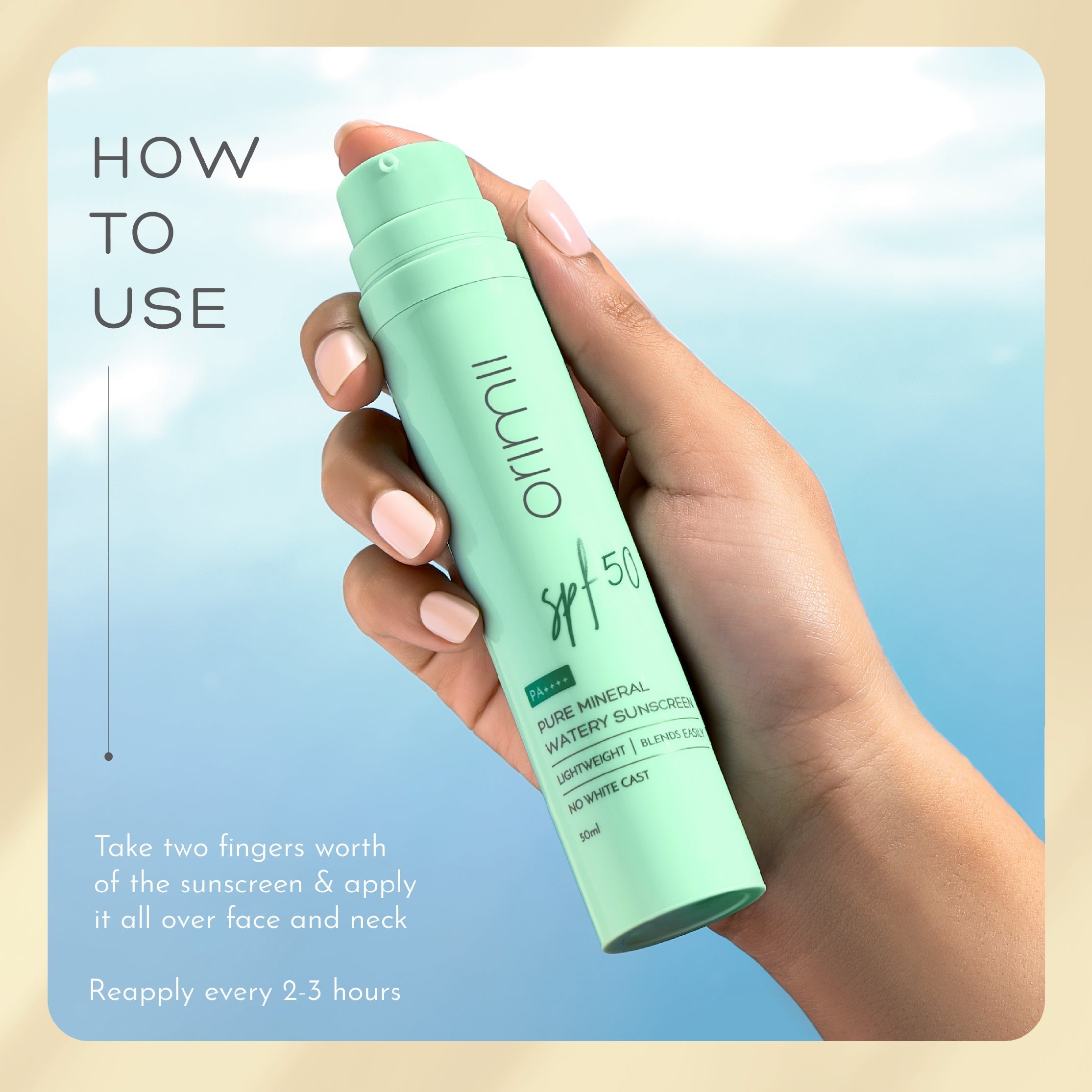 Orimii 100% Pure Mineral Sunscreen SPF 50 with Watery Texture, Zero White Cast - Pregnancy Safe 50ml - OR000023050