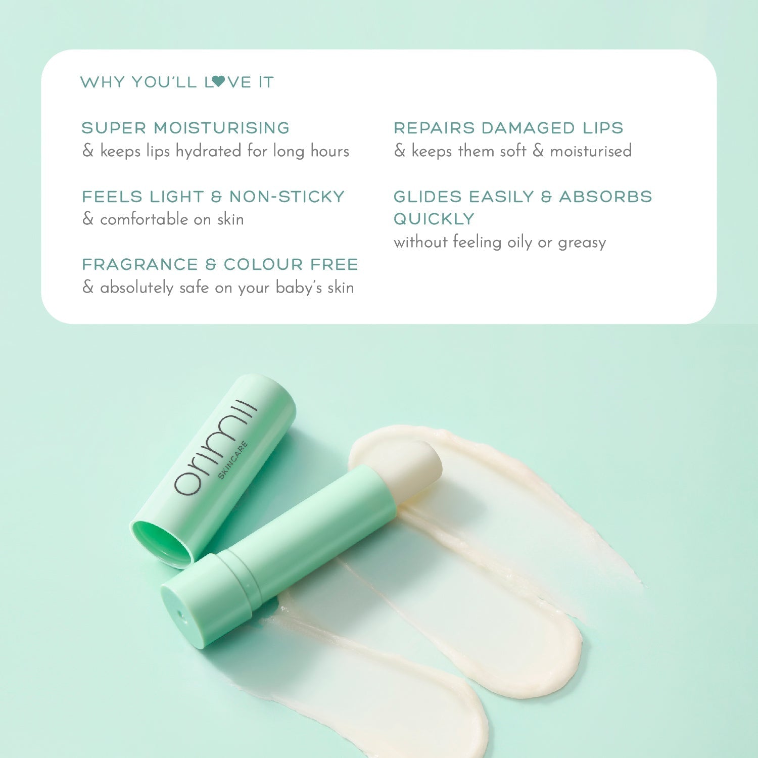 Orimii First Kiss Lip Balm for Moisturizing Dry Lips | Light, Non Sticky & Nourishing Lip Balm | Fragrance & Colour Free - Safe For Mom & Baby - OR000022005