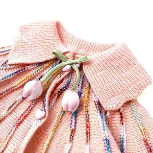 Oversized Flaired Peach Tulips Knitted Warmer Cardigan with matching Hairclip - 2 - 3 Years Winter Wear