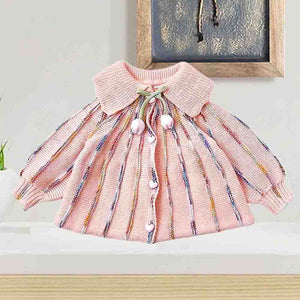 Oversized Flaired Peach Tulips Knitted Warmer Cardigan with matching Hairclip - 2 - 3 Years Winter Wear