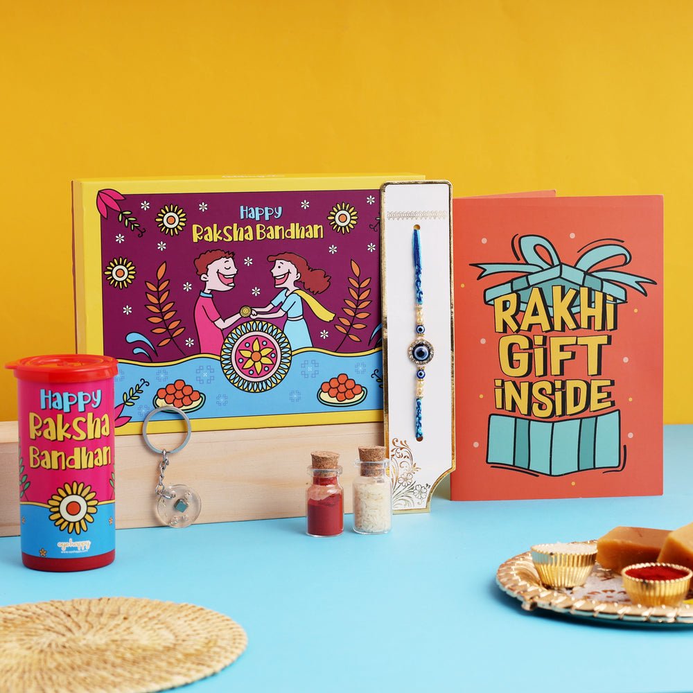Oye Happy Best Bhai Rakhi Hamper – Evil Eye Rakhi, Wealth Keychain, Glitter Bomb & Butterfly Card | Fun Rakhi Gift for Brother, Bhai - OHBBRH