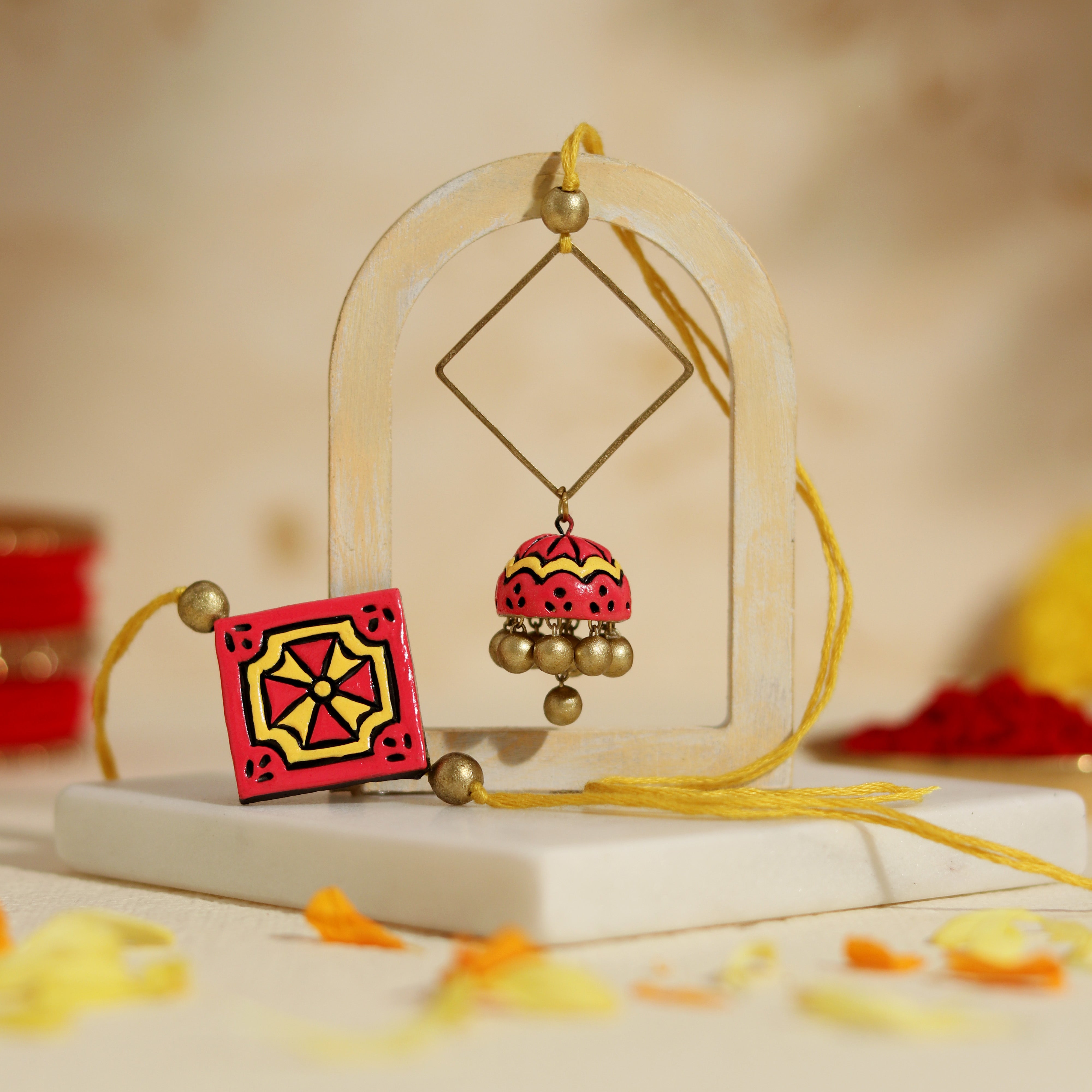 Oye Happy Bhaiya Bhabhi Rakhi Set (Red) | Terracotta Rakhi - Earring Combo | Sustainable Rakhi Gift - OHBBGS