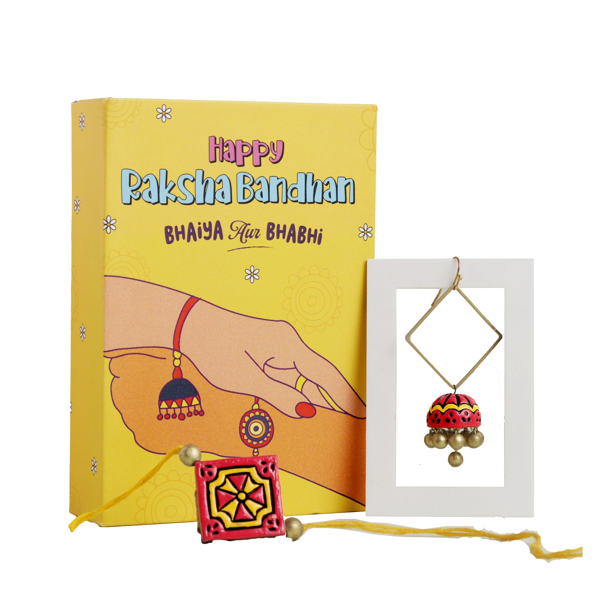 Oye Happy Bhaiya Bhabhi Rakhi Set (Red) | Terracotta Rakhi - Earring Combo | Sustainable Rakhi Gift - OHBBGS