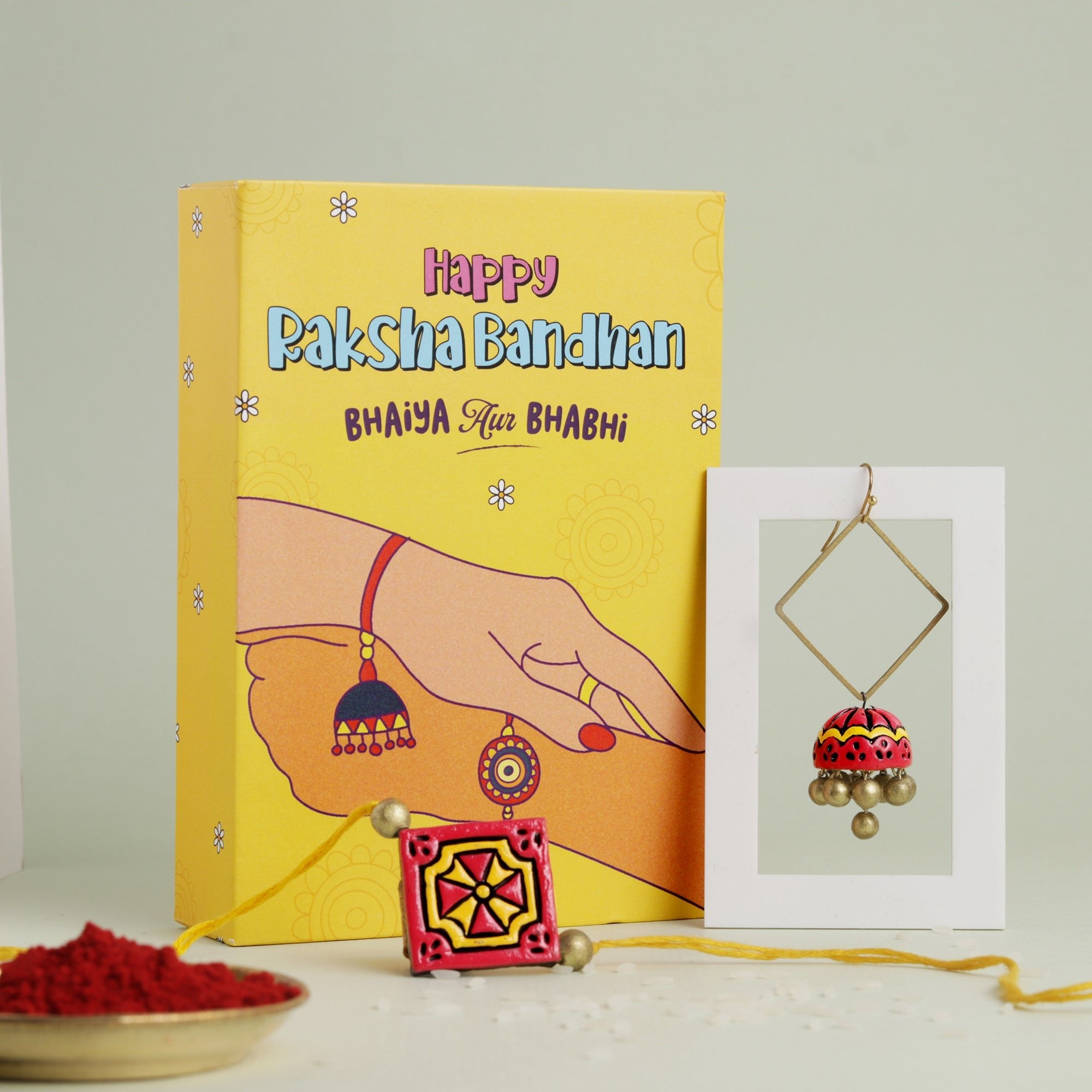 Oye Happy Bhaiya Bhabhi Rakhi Set (Red) | Terracotta Rakhi - Earring Combo | Sustainable Rakhi Gift - OHBBGS